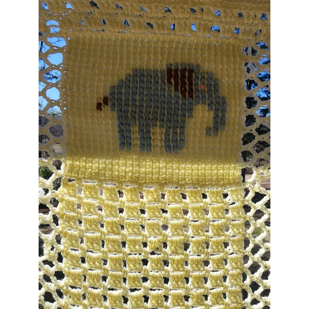 Vintage Handmade Crochet Baby Blanket Yellow Animal Cross Stitch Afghan Nursery